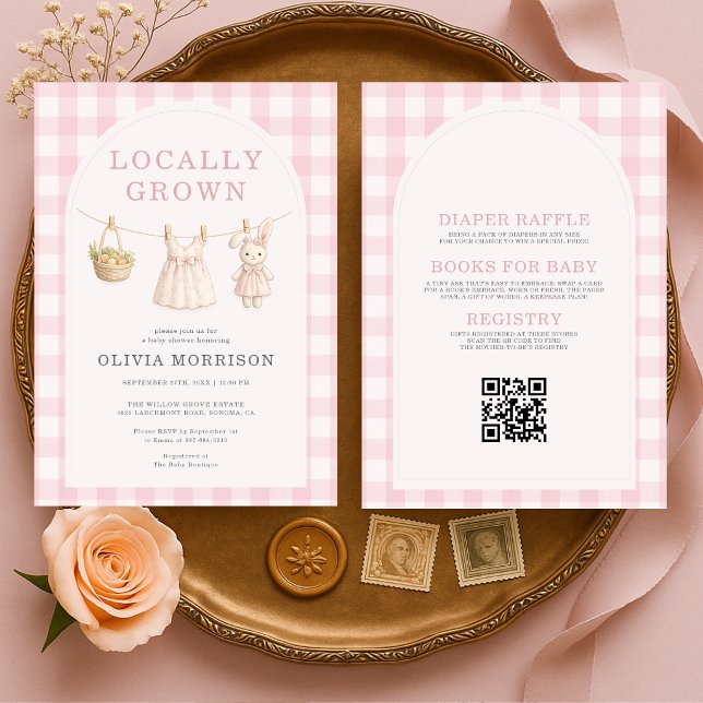 Invitation Fête de Naissance Fille Tout en Un Gingham Cultivé (Créateur téléchargé)