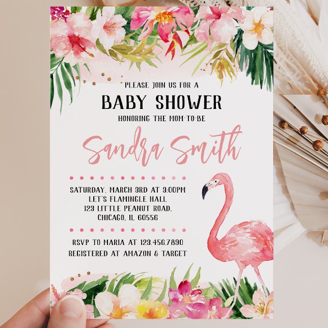 Invitation Fête de naissance Flamant Floral Bébé (Créateur téléchargé)
