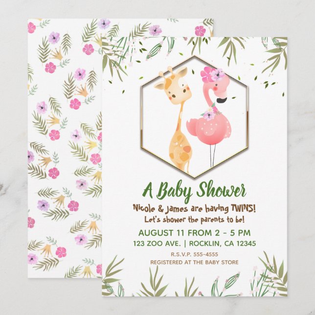 Invitation Fête de naissance Flamingo & Girafe aquarelle trop (Devant / Derrière)
