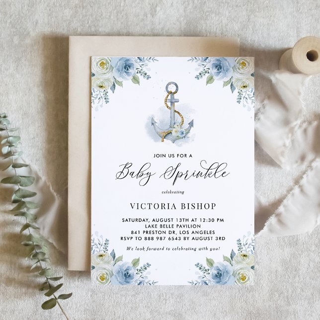 Invitation Fête de Naissance Fleur Bleue et Ancre Aquarelle (Nautical baby sprinkle invitation featuring watercolor floral anchor with blue and white flowers.)