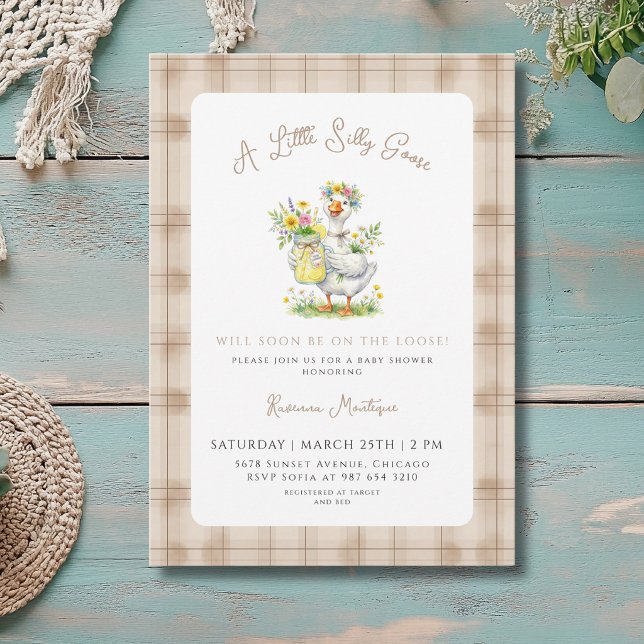 Invitation Fête de Naissance Fleur Brun Gingham Oie Ridicule (Créateur téléchargé)