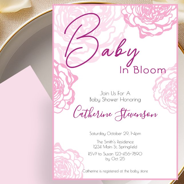 Invitation Fête de naissance Fleur de bébé rose moderne  (Créateur téléchargé)