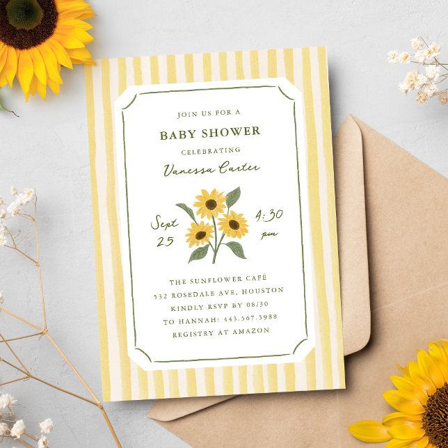 Invitation Fête de Naissance Fleur de Tournesol et Rayures De (hand-drawn sunflower and yellow stripes baby shower invitation)