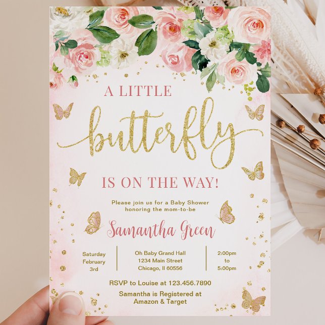 Invitation Fête de Naissance Fleur Papillon Fille (Créateur téléchargé)