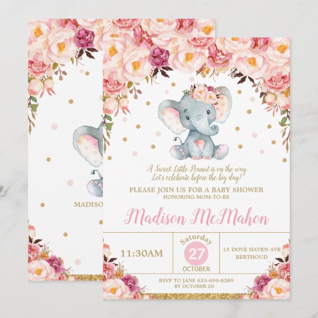 Invitation Fête de Naissance Fleur Rose Eléphant Fille (Devant / Derrière)