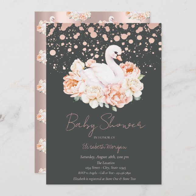 Invitation Fête de naissance Fleur Rose Gold Confetti Cygne (Devant / Derrière)