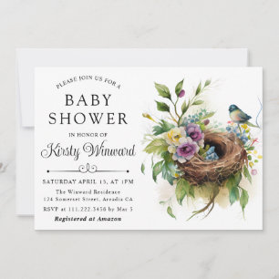 Invitation Fête de Naissance Fleurie Aquarelle Nid d'Oiseau d