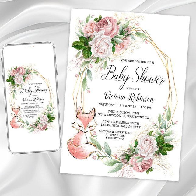 Invitation Fête de naissance fleurie aquarelle Renardeau (Cute fox pink floral baby shower invitations. Instant download and printed invitations available.)