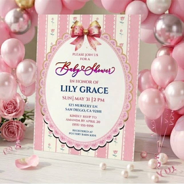 Invitation Fête de Naissance Fleurie avec Ruban Rose et Or (Créateur téléchargé)
