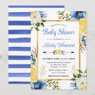 Invitation Fête de naissance Fleurs bleues et jaunes à l'aqua