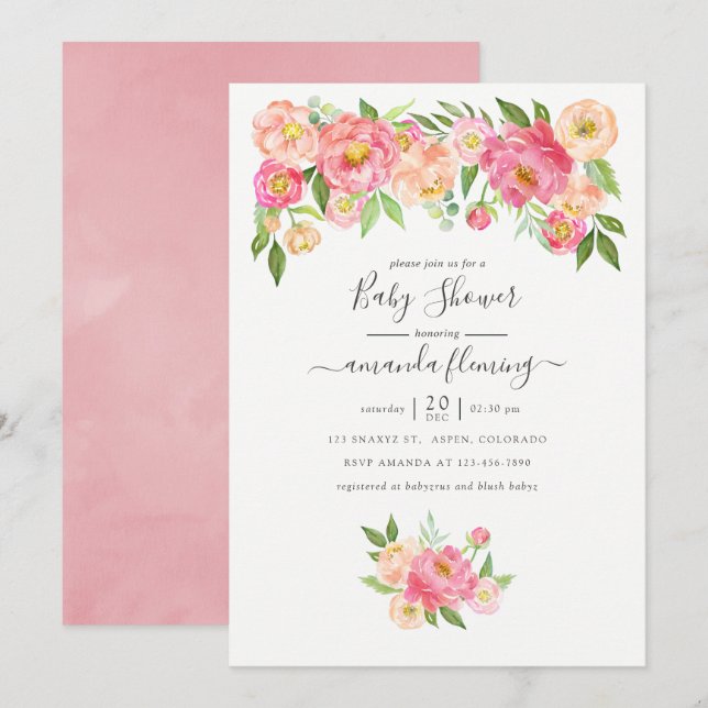 Invitation Fête de Naissance Fleurs de Pivoines Aquarelle Ros (Devant / Derrière)