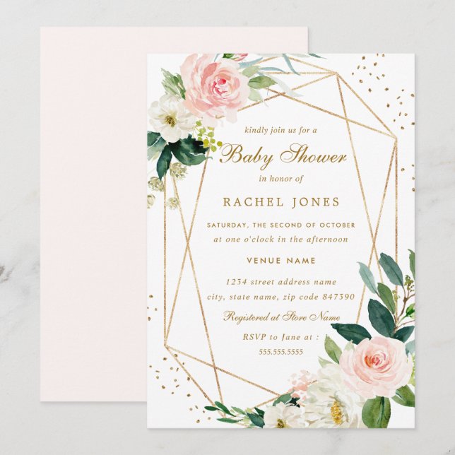Invitation Fête de naissance fleurs géométriques rose et or (Devant / Derrière)