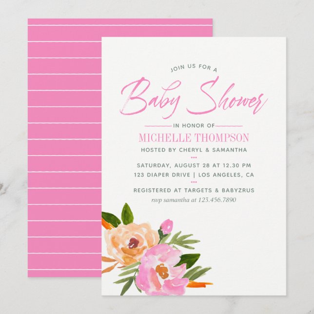 Invitation Fête de naissance fleurs sauvages aquarelle rose (Devant / Derrière)