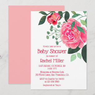 Invitation Fête de naissance florale aquarelle rose