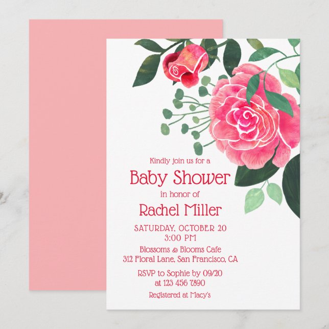 Invitation Fête de naissance florale aquarelle rose (Devant / Derrière)