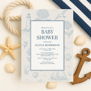 Invitation Fête de naissance florale bleue toile de Jouy côti