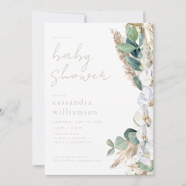 Invitation Fête de naissance florale boho Herbe des Pampas  (Devant)