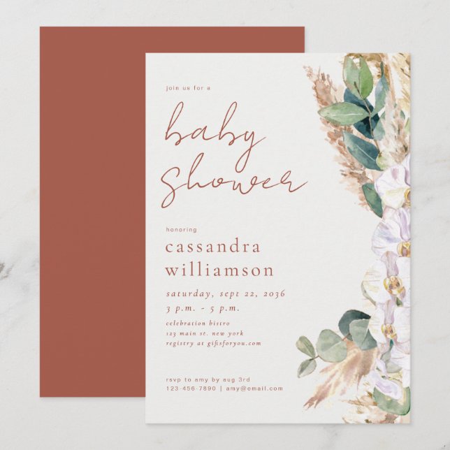 Invitation Fête de naissance florale boho herbe des Pampas en (Devant / Derrière)