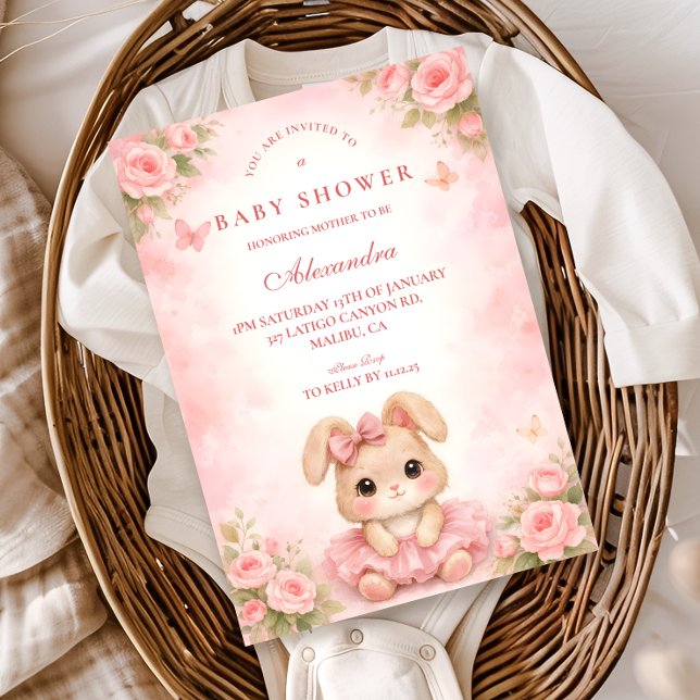 Invitation Fête de naissance florale de lapin rose (Créateur téléchargé)