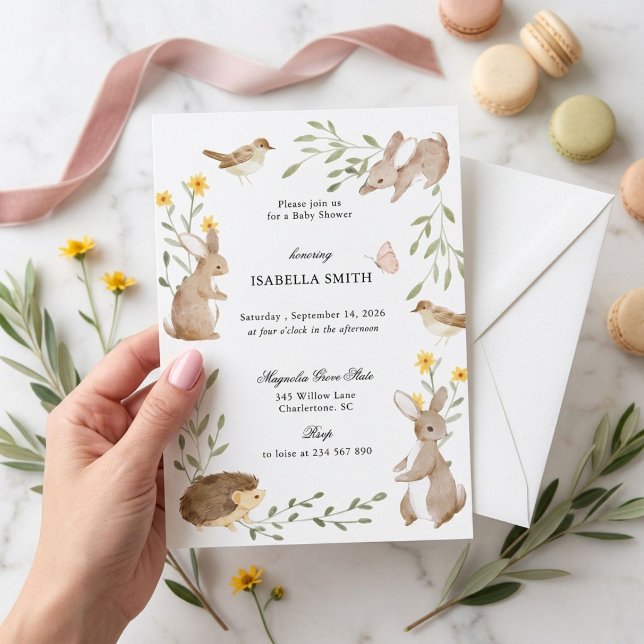 Invitation Fête de naissance Florale Lapin des Bois (Créateur téléchargé)
