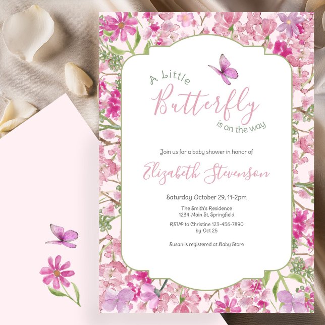 Invitation Fête de naissance florale Papillon Rose et Vert (Créateur téléchargé)