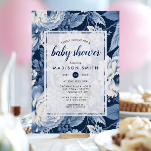 Invitation Fête de naissance florale Toile de Jouy bleu marin