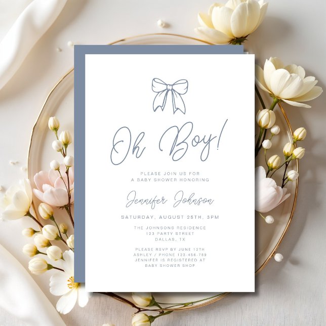 Invitation Fête de naissance garçon à ruban coquette bleu pou (Dusty Blue Coquette Bow Boy Baby Shower Invitation)