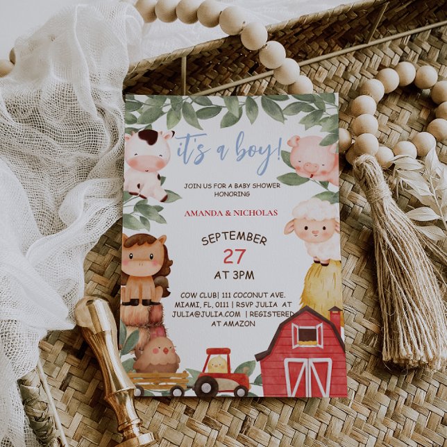Invitation Fête de naissance garçon animaux de ferme Boho Mig (Créateur téléchargé)