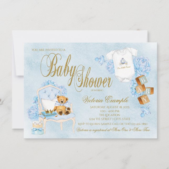 Invitation Fête de naissance garçon aquarelle bébé bleu or (Devant)