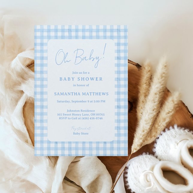 Invitation Fête de naissance garçon aquarelle bohème à carrea (Oh Baby Boho Blue Gingham Boy Baby Shower Invitation)