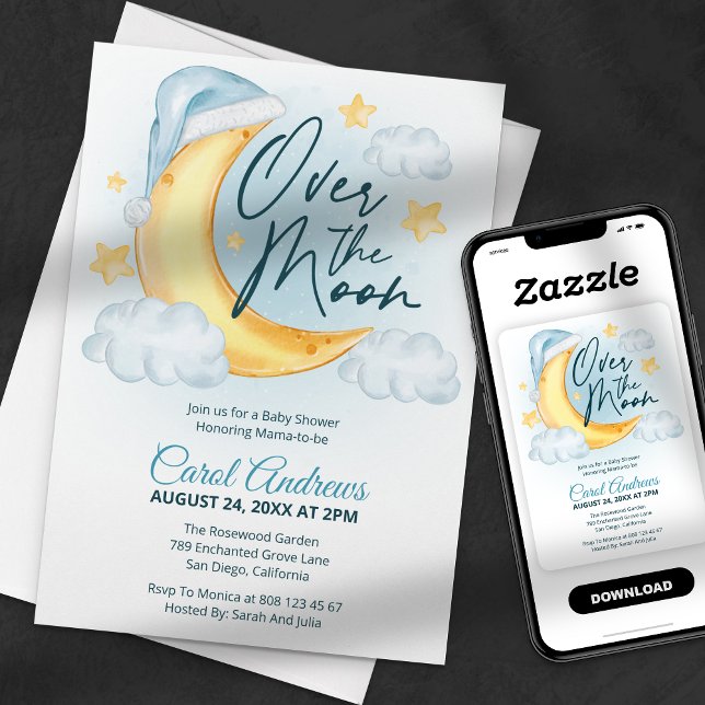 Invitation Fête de Naissance Garçon Aquarelle Over The Moon (Créateur téléchargé)