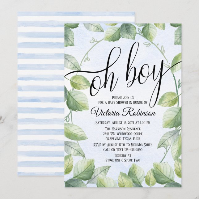 Invitation Fête de naissance garçon aquarelle verdure (Devant / Derrière)