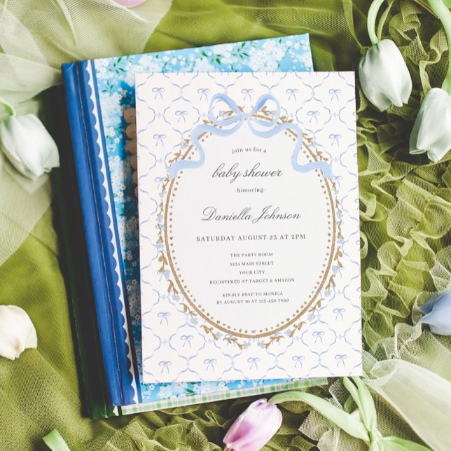 Invitation Fête de naissance garçon aux nœuds bleus floraux v (Vintage Floral Blue Bows Boys Baby Shower Invite)