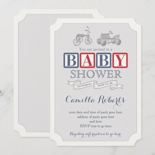 Invitation Fête de Naissance Garçon Bébé Marin Rouge Jouets A (Devant / Derrière)