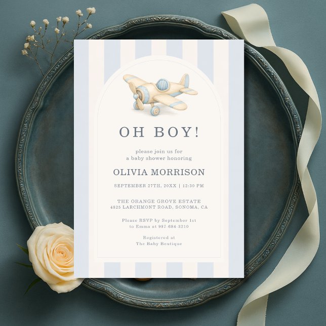 Invitation Fête de Naissance Garçon Bébé Rayé Bleu Avion Oh B (Créateur téléchargé)