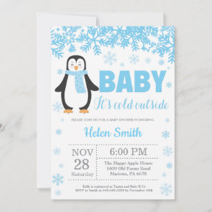 Invitation Fête de naissance garçon bleu hiver manchot flocon