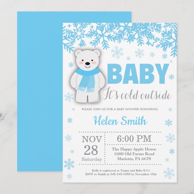 Invitation Fête de naissance garçon bleu ours polaire hiver f (Devant / Derrière)