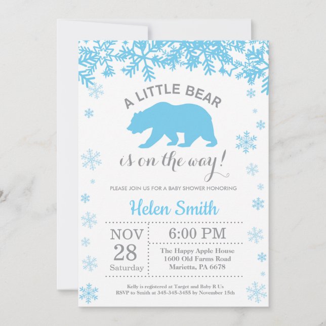 Invitation Fête de naissance garçon bleu ours polaire hiver f (Devant)