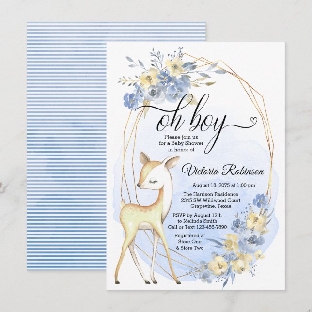 Invitation Fête de naissance garçon cerf aquarelle Oh Boy (Devant / Derrière)