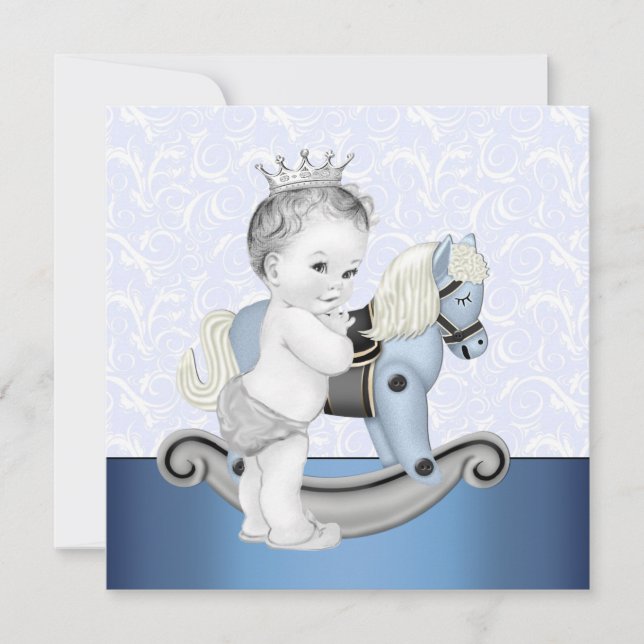 Invitation Fête de naissance garçon cheval à bascule bleu (Devant)