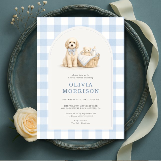 Invitation Fête de Naissance Garçon Chien Bleu Gingham (Créateur téléchargé)