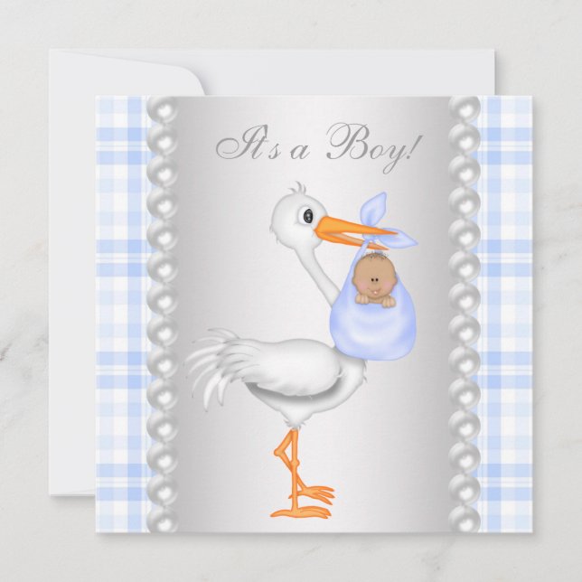 Invitation Fête de naissance garçon cigogne à carreaux bleus  (Devant)