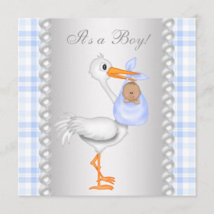Invitation Fête de naissance garçon cigogne à carreaux bleus