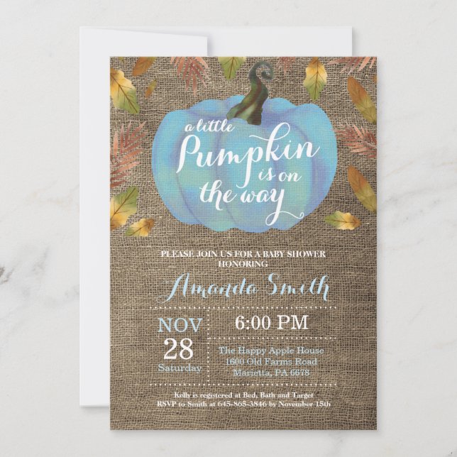Invitation Fête de naissance garçon citrouille automne bleu e (Devant)