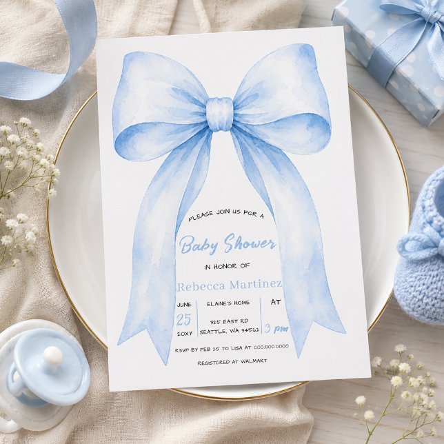 Invitation Fête de naissance garçon coquette Ruban Bleu (Blue Bow Coquette Boy Baby Shower Invitation)