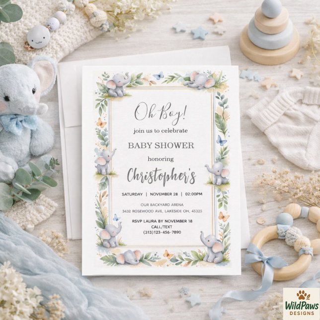 Invitation Fête de naissance garçon éléphant aquarelle – Safa (Boy’s Elephant Watercolor Baby Shower –Blue Safari Invitation
)