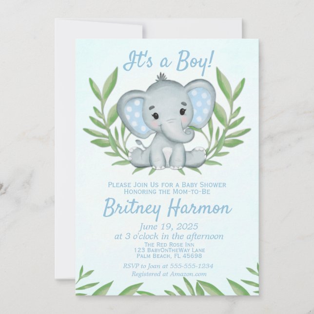 Invitation Fête de naissance garçon éléphant de verdure moder (Devant)