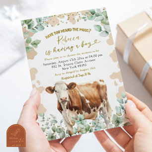 Invitation Fête de naissance garçon ferme vache feuille d'euc