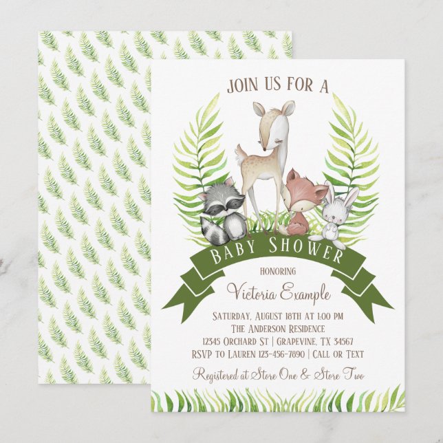 Invitation Fête de naissance garçon forêt animaux verdure (Devant / Derrière)