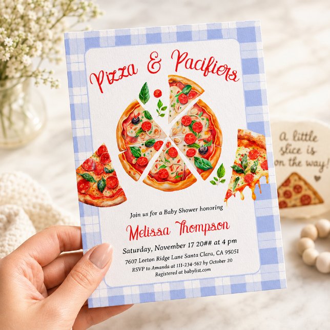 Invitation Fête de naissance garçon gingham bleu Pizza et Tét (Créateur téléchargé)